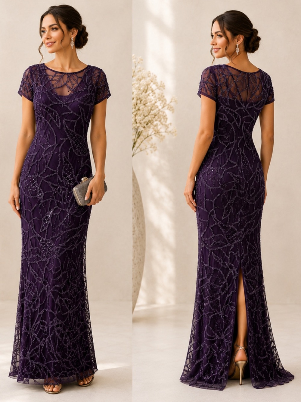 Adrianna Papell Beaded Deep Purple Short Sleeve Maxi long Dress